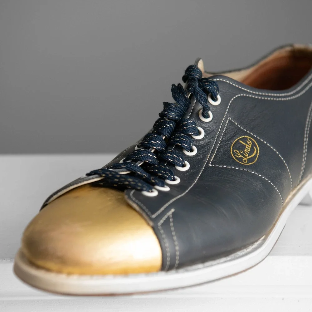 Linds Vintage Bowling Shoes Mens 10.5 Navy Blue Gold Metallic Leather Retro 50s